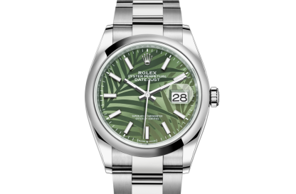 replica Rolex Datejust 36 Oyster 36 mm Oystersteel Olive green palm motif dial M126200-0020