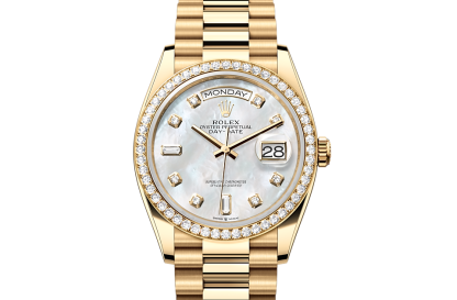 replica Rolex Day-Date 36 Oyster 36 mm yellow gold and diamonds White dial M128348RBR-0017
