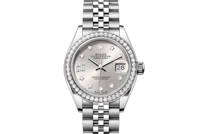 replica Rolex Lady-Datejust Oyster 28 mm Oystersteel white gold and diamonds Silver dial M279384RBR-0021